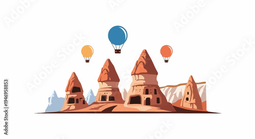 Pixel art desert landscape with distinctive rock formations, dwellings, and colorful hot air balloons