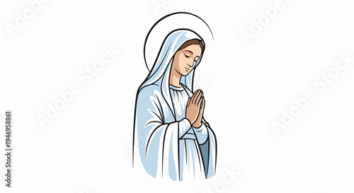 Illustration of a serene woman with a halo, draped in a blue and white robe, hands clasped in prayer