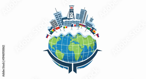 Illustrated globe with snow-capped city buildings and diverse flags, symbolizing global unity and interconnectedness