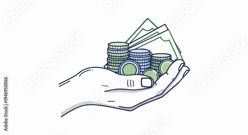 An illustration of a hand holding stacks of coins and paper money, representing finance and wealth