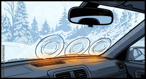 Car interior view, dashboard with defroster clearing snowy windshield in a winter forest scene