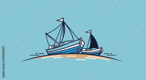 Minimalist illustration of two fishing boats with sails, docked on a sandy beach under a clear blue sky