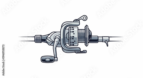 A detailed illustration of a fishing reel mounted on a fishing rod, rendered in a grayscale cartoon style, isolated on white