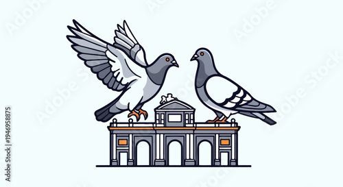 Two cartoon pigeons, one flying and one standing, perched on a classical-style building illustration