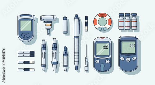 Pixel art collection of diabetes management tools blood glucose meters, lancets, test strips, and insulin vials