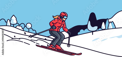 An illustration of a person in red ski gear skiing down a snowy mountain slope with trees under a blue sky