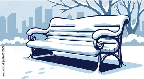 An illustration of a park bench covered in snow, with bare trees and a city skyline in the background