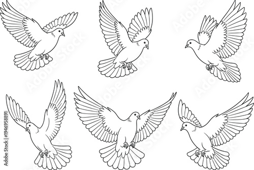 Set of six hand drawn dove line art icons, flying pigeons with spread wings, peaceful bird silhouettes, spiritual wedding symbols, religious grace, and freedom