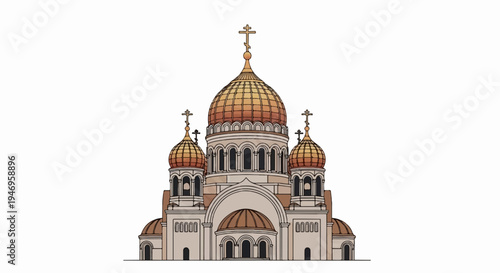 A detailed illustration of an orthodox church with multiple golden domes and crosses on a white background