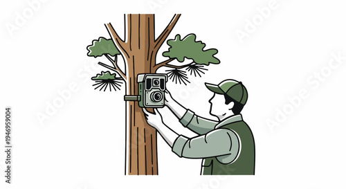 A person in outdoor gear attaches a camera trap to a tree trunk in a natural environment