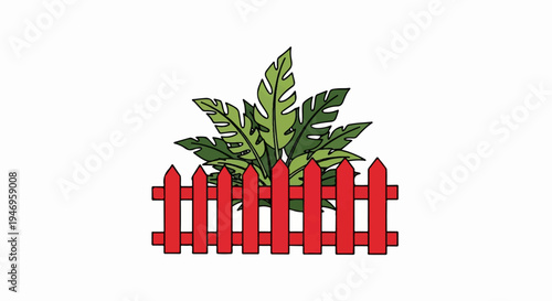 A simple, vibrant illustration featuring a lush green plant with large leaves behind a charming red picket fence
