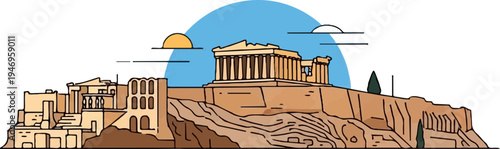 An illustration of an ancient temple with columns atop a rocky hill, surrounded by structures under a blue sky