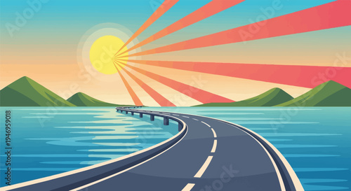 Pixel art bridge over vast blue water, distant green mountains, and a glowing sun with radiant light beams