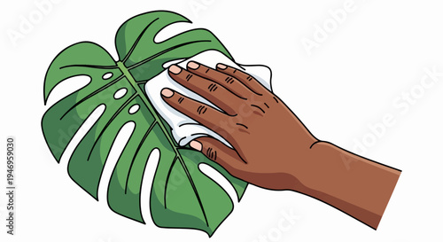 A hand with dark skin gently wipes a large, green tropical leaf with a white cloth on a white background