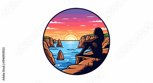 Pixel art of a person silhouetted, watching a vibrant sunset over a cliff-lined ocean vista