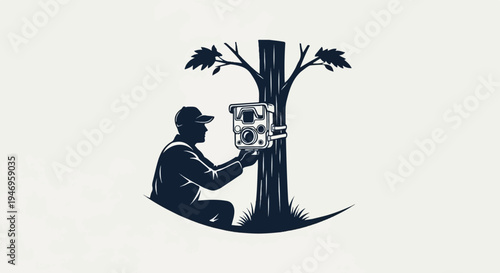Illustration of a person in a cap installing a wildlife camera on a tree in a natural setting
