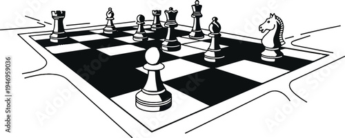 Black and white line drawing of a chessboard from an angled perspective with various game pieces