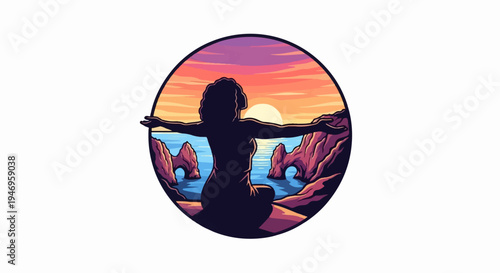 Pixel art A person with arms outstretched on a cliff, overlooking sea arches and ocean at sunset