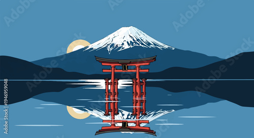 Pixel art scene with a snow-capped mountain, red shrine gate, and sun reflected in calm blue water