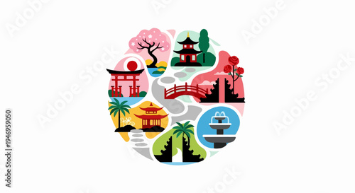 A vibrant circular illustration depicting various Asian travel elements, landmarks, and natural scenery