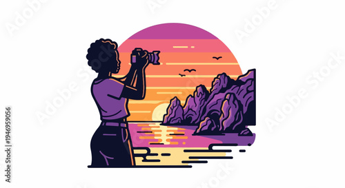 An individual captures a vivid sunset over ocean water, featuring rocky islands, setting sun, and flying birds