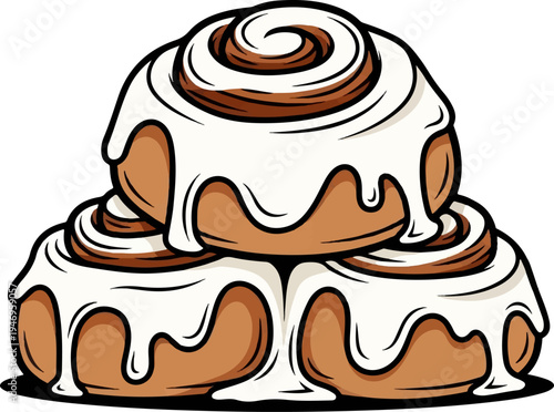 Three delicious brown cinnamon rolls generously topped with white icing, stacked on a plain white background