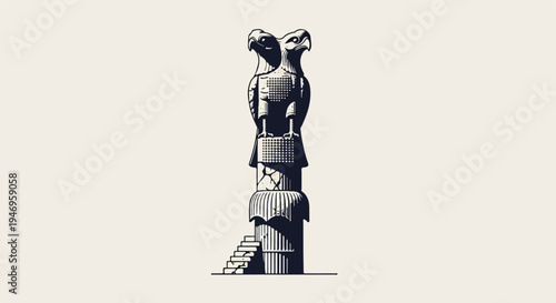 A stark black and white illustration of a two-headed bird statue atop a weathered, ancient pillar with stairs