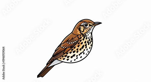 An illustrative drawing of a brown thrush-like bird with a speckled breast and dark eye, facing right on a clean white background