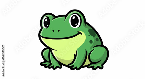 A friendly cartoon green frog with large eyes and a cheerful smile, sitting on a white background