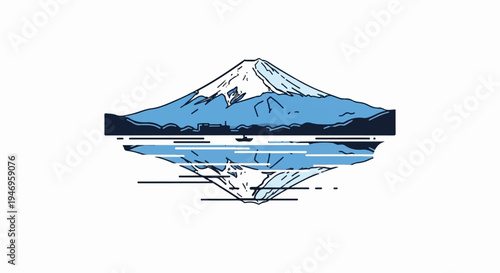 Stylized illustration of a snow-capped mountain reflecting in water, with a small boat and distant land