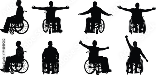 Black silhouettes of people in wheelchairs showing diverse poses including celebration, freedom, mobility, and independence on a white background, disability inclusion. (21 words)