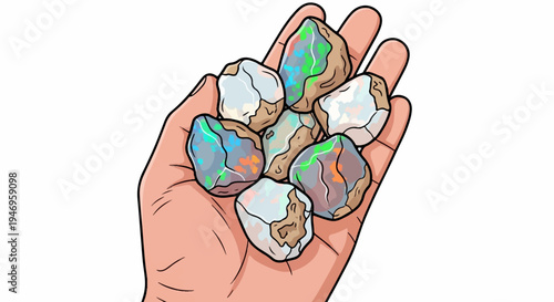 Illustration of a hand holding several colorful rough gemstones with iridescent flashes against white