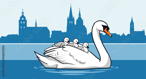 A white mother swan swims carrying three adorable cygnets on her back, with a blue city skyline backdrop