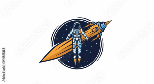 Cartoon astronaut in a white suit floating in dark space with stars, a large orange rocket, inside a circle