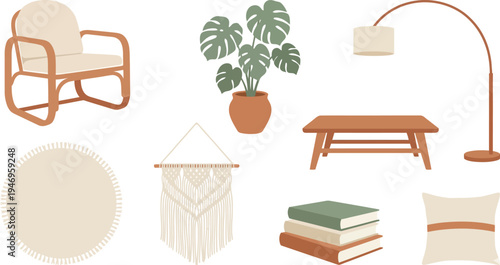 Bohemian living room elements with rattan lounge chair monstera plant macrame wall hanging woven rug arching floor lamp in sage green warm terracotta cream for boho interior design