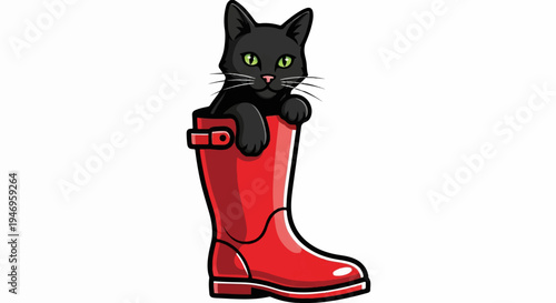 A charming cartoon black cat with bright green eyes peeks out from inside a shiny red rain boot