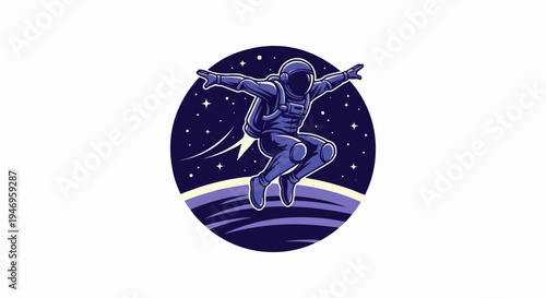 Stylized illustration of an astronaut jumping with arms outstretched in deep space, featuring stars and a planet's curve