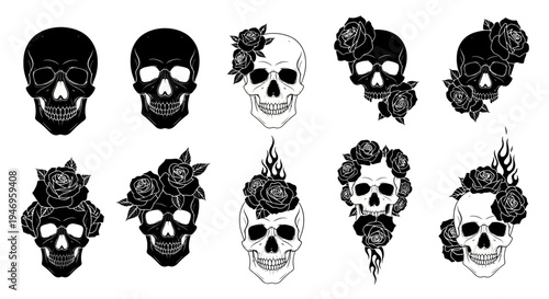 Gothic Skulls and Roses Illustration Set - Black and White Vector Art