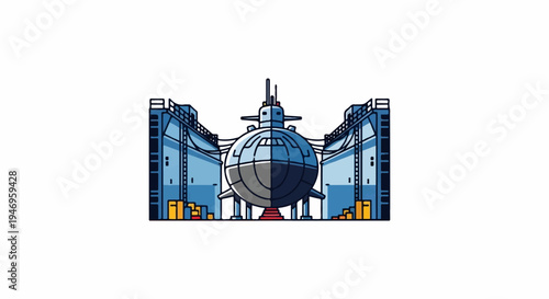 Front view illustration of a blue and grey submarine undergoing maintenance in a dry dock facility