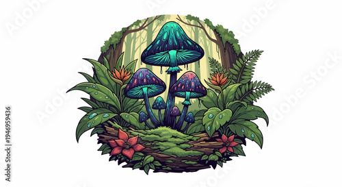 Vibrant pixel art of magical, glowing mushrooms amidst lush forest foliage, adorned with dew drops and flowers