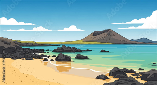 Vibrant pixel art illustration of a serene volcanic island beach with clear turquoise waters and dark rocks