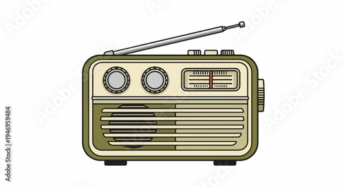 An illustration of a retro portable radio with an antenna, featuring cream and olive green colors on a white background