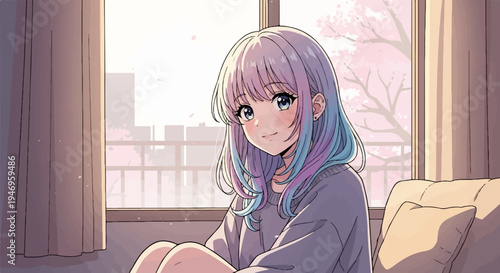 An anime girl with multi-colored hair sits by a window, with cherry blossoms and city buildings visible outside