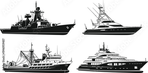 Ship icon set featuring luxury yacht, military warship, fishing boat, ocean liner, maritime transport silhouette, naval vessel, sea travel vector.