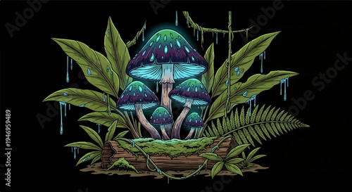 Vibrant pixel art illustration of glowing fantasy mushrooms on a mossy log with lush dripping foliage