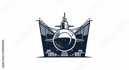 Stylized submarine in a dry dock or base, rendered with a limited color palette in a graphic style