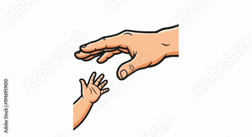 Stylized illustration of an adult hand reaching down towards a smaller child's hand on a white background