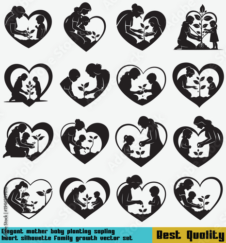 Elegant mother baby planting sapling heart silhouette family growth vector set