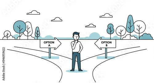Man standing at crossroads decision.