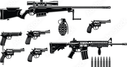 Weapon icon set featuring sniper rifle, assault rifle, handgun, revolver, grenade, bullets, tactical firearms, military equipment silhouette, black vector illustration, armory.